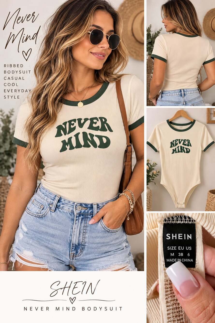 Shein Never Mind Ribbed Bodysuit Size M Cream Green Contrast Ringer